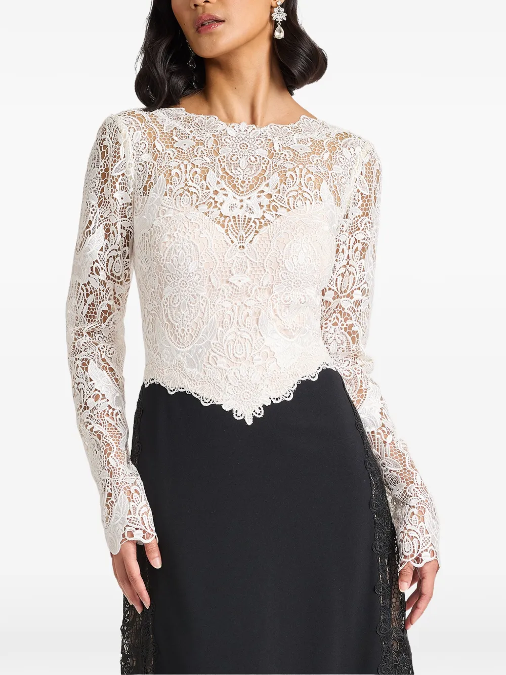 Tadashi Shoji Vianne maxi-jurk met kanten vlakken en lange mouwen Wit
