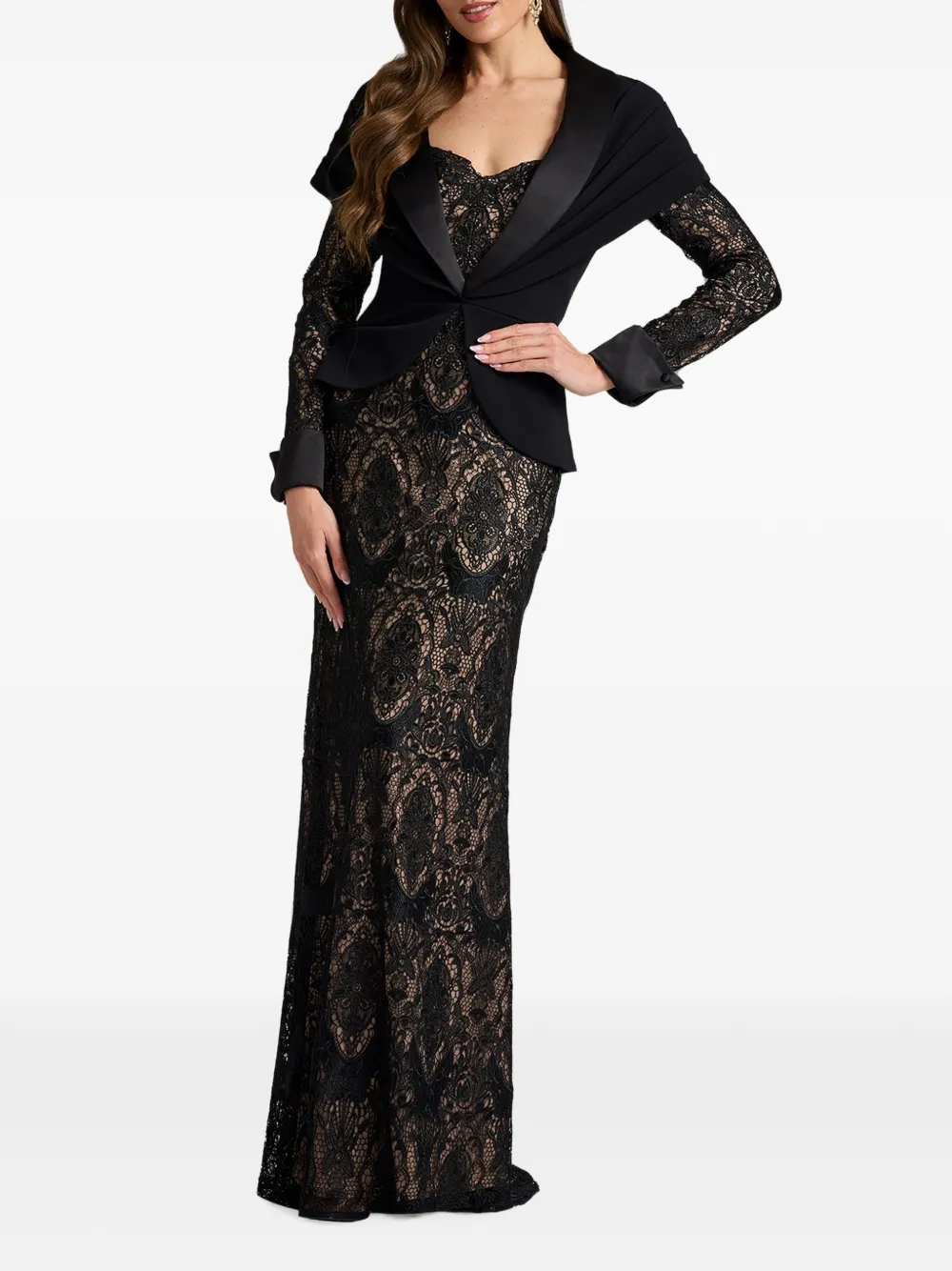 Tadashi Shoji Jurk met sjaalrevers en kanten laag Zwart