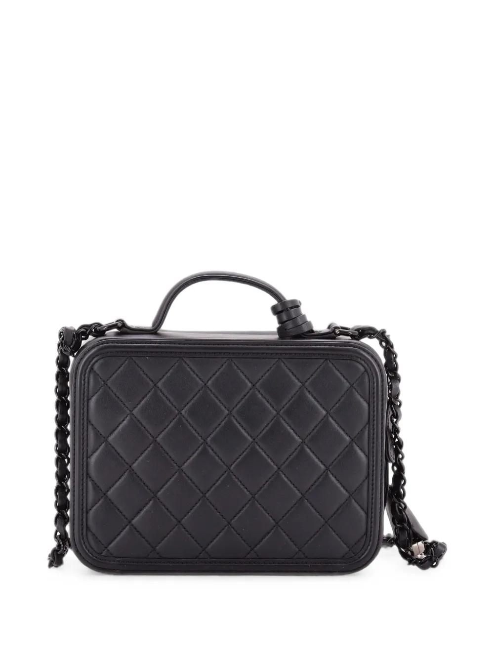 Pre-owned Chanel Filigree Vanity Case Quilted Lambskin With Chain Detail Medium Satchel In Black