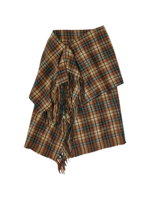 Auralee Check Fringed Midi Skirt in Brown