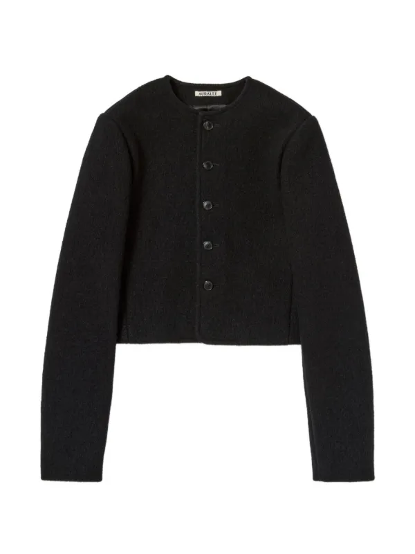 Auralee Collarless Wool-blend Cropped Jacket in Black