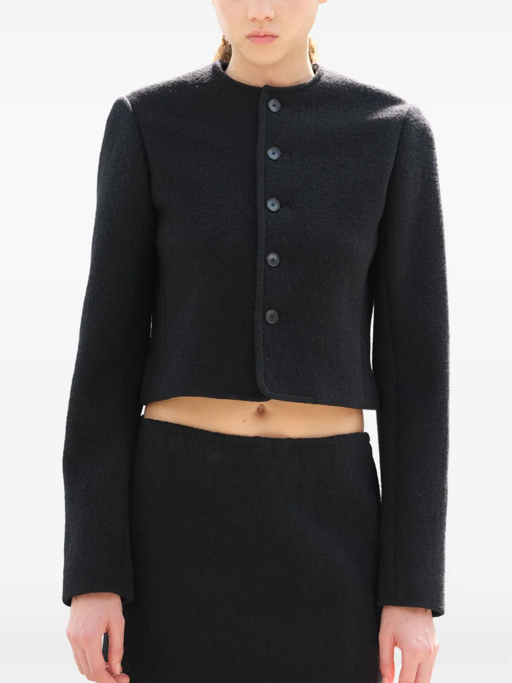 Auralee collarless wool-blend cropped jacket Zwart