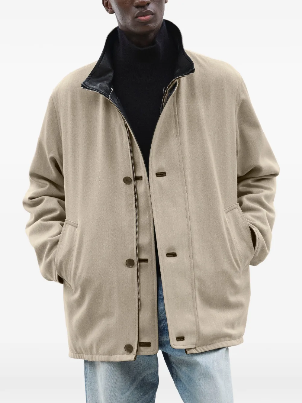 Auralee reversible wool-twill leather coat Beige