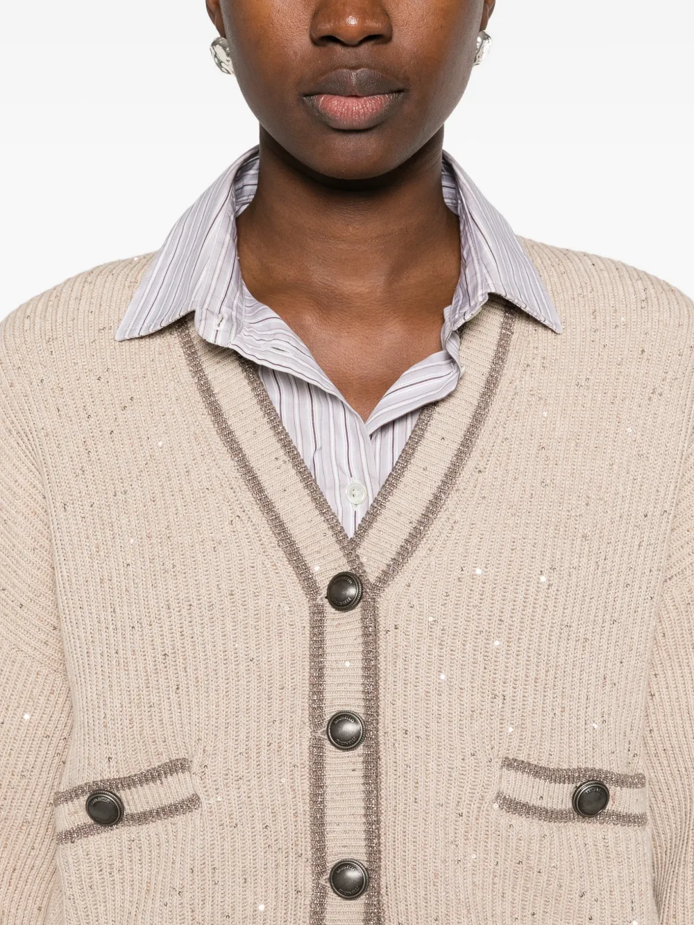 Brunello Cucinelli sequin-embellished Monili-trim cardigan Beige