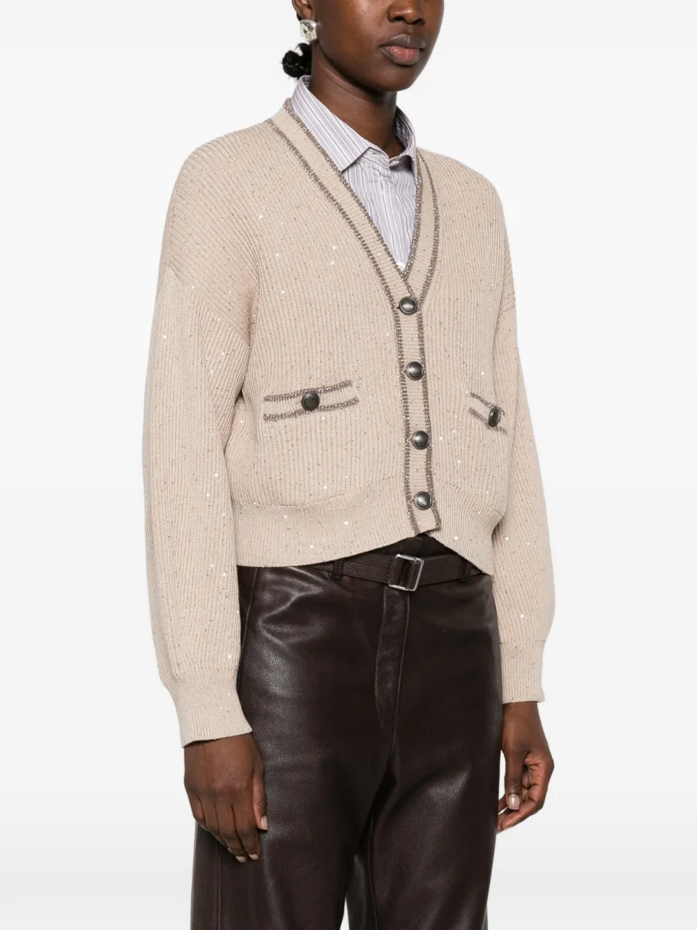 Brunello Cucinelli sequin-embellished Monili-trim cardigan Beige