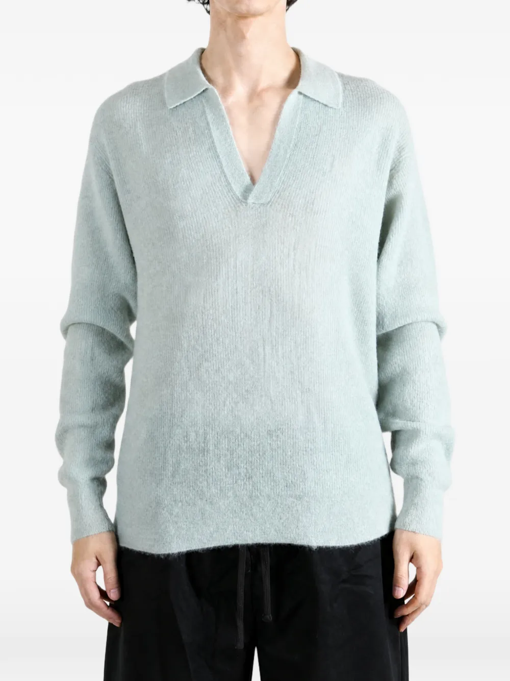 Auralee Brushed Open-collar Sweater in Green, view 2