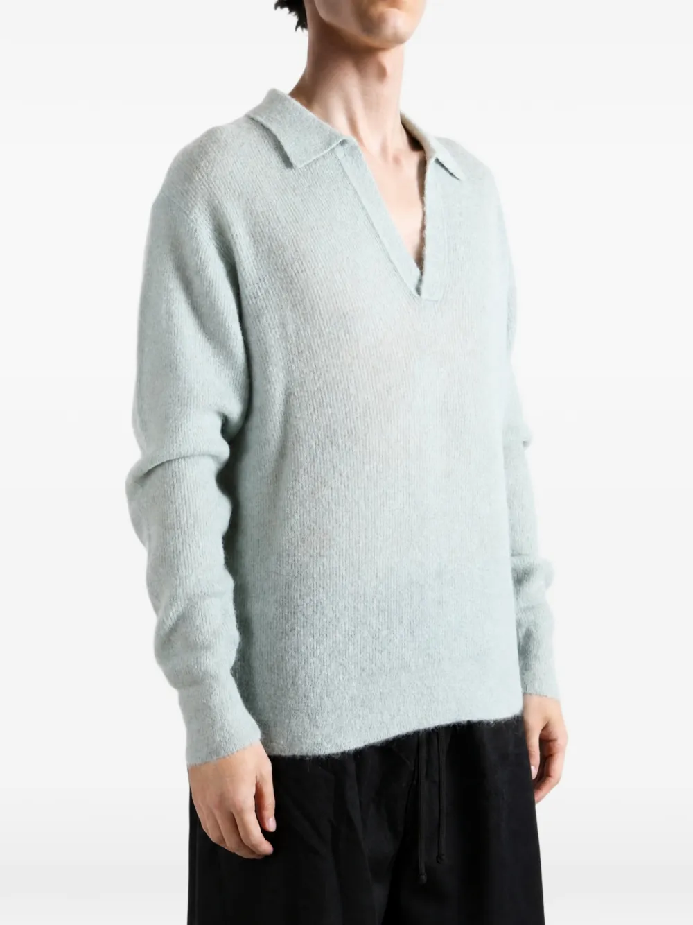Auralee Brushed Open-collar Sweater in Green, view 3