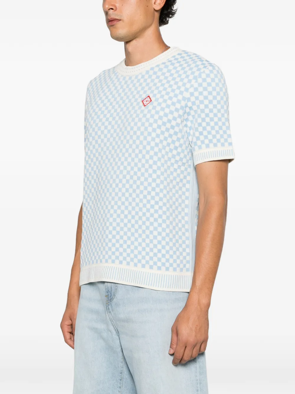 Casablanca Geruit gebreid T-shirt met logo-patch Blauw