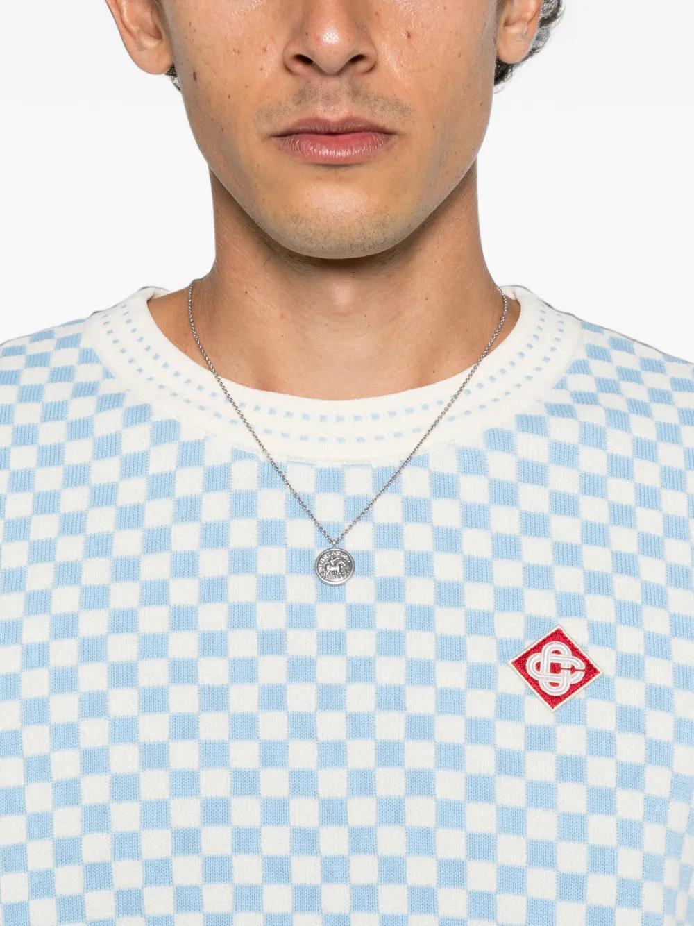 Casablanca Geruit gebreid T-shirt met logo-patch Blauw