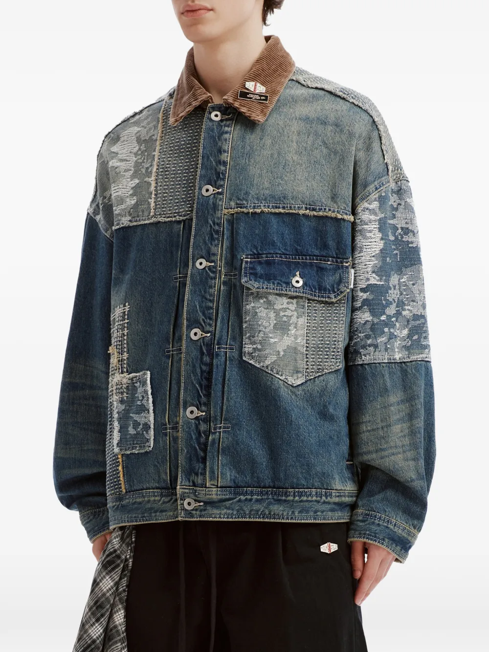Musium Div. Denim jack met patchwork Blauw