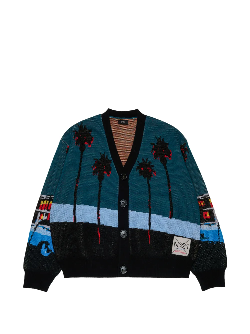 Nº21 Kids palm tree-intarsia wool cardigan - Blu