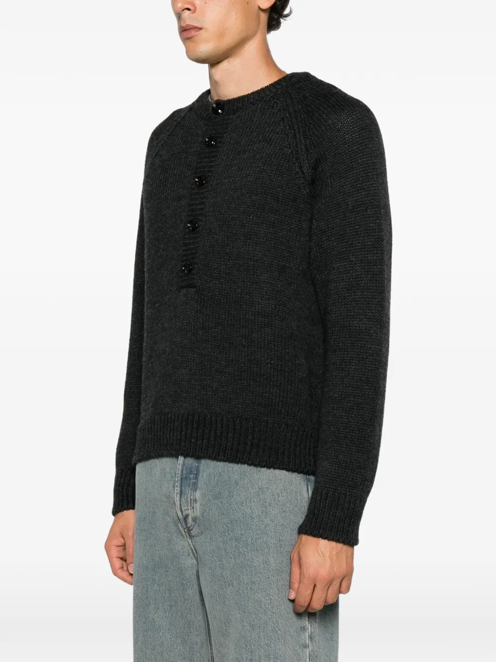 OUR LEGACY Shore Henley button-placket raglan-sleeve sweater Zwart