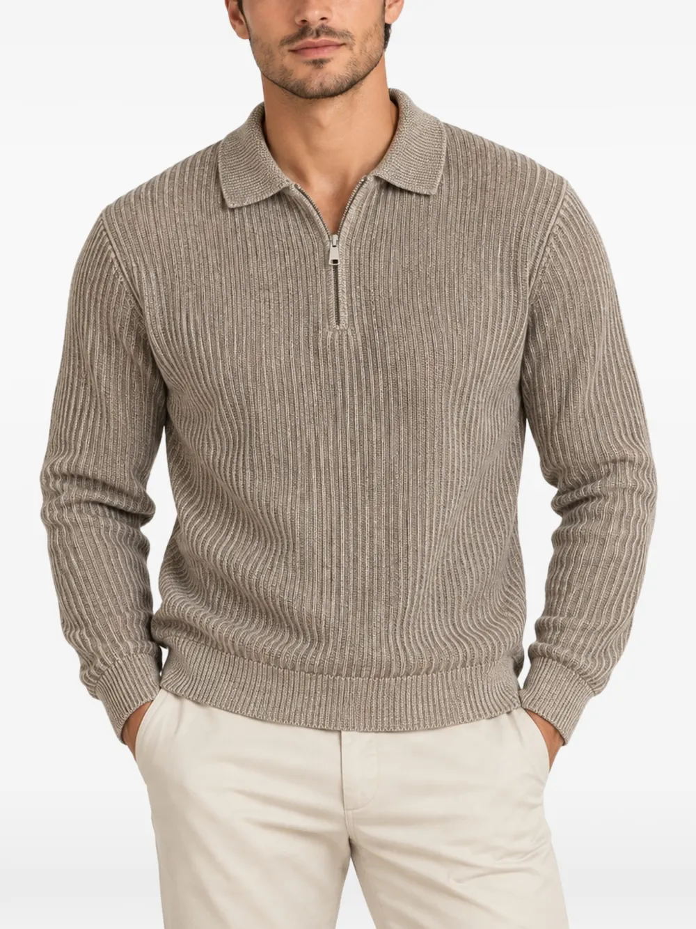 Paul & Shark ribbed-knit half-zip long-sleeve polo shirt Beige