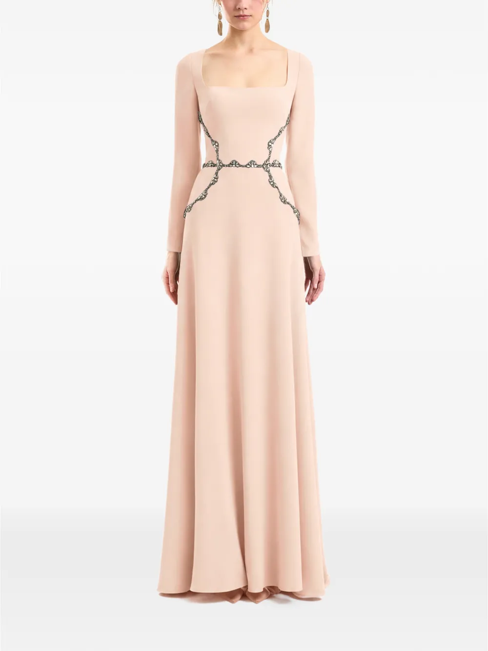 Gemy Maalouf Jurk met vierkante hals en taille met kralen Beige
