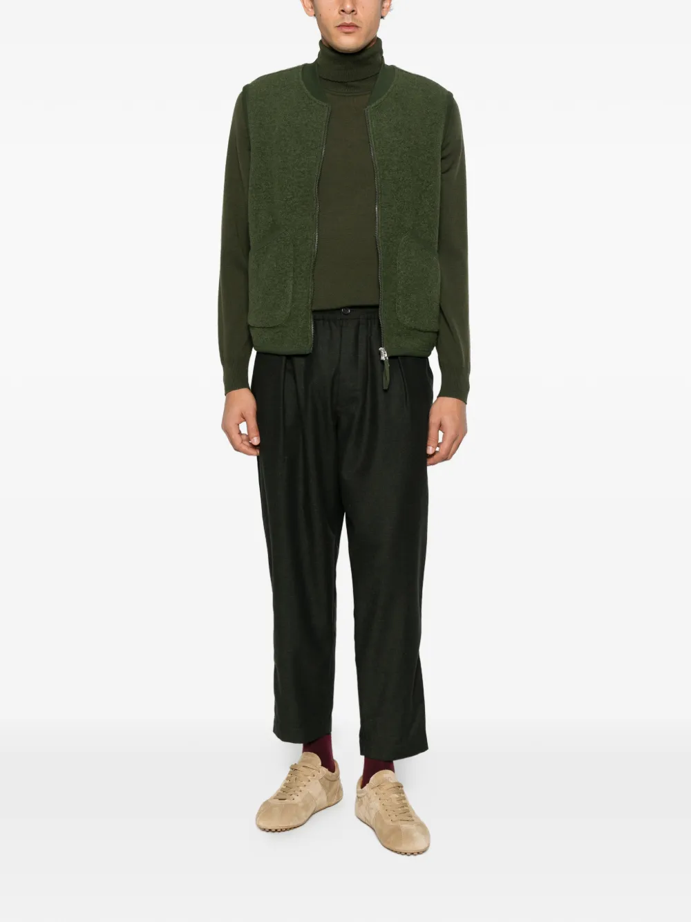 Universal Works pleated wool gilet Groen