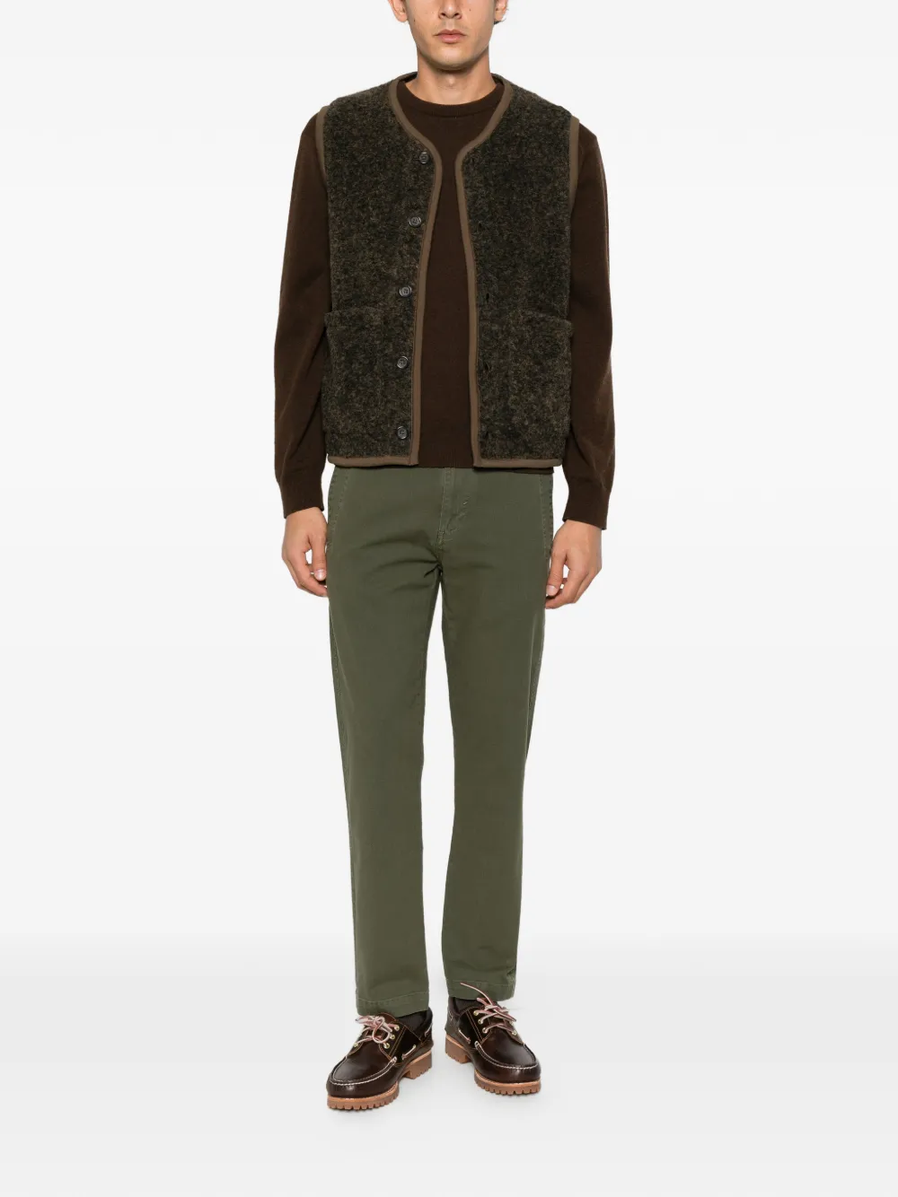 Universal Works sleeveless button-up gilet Bruin