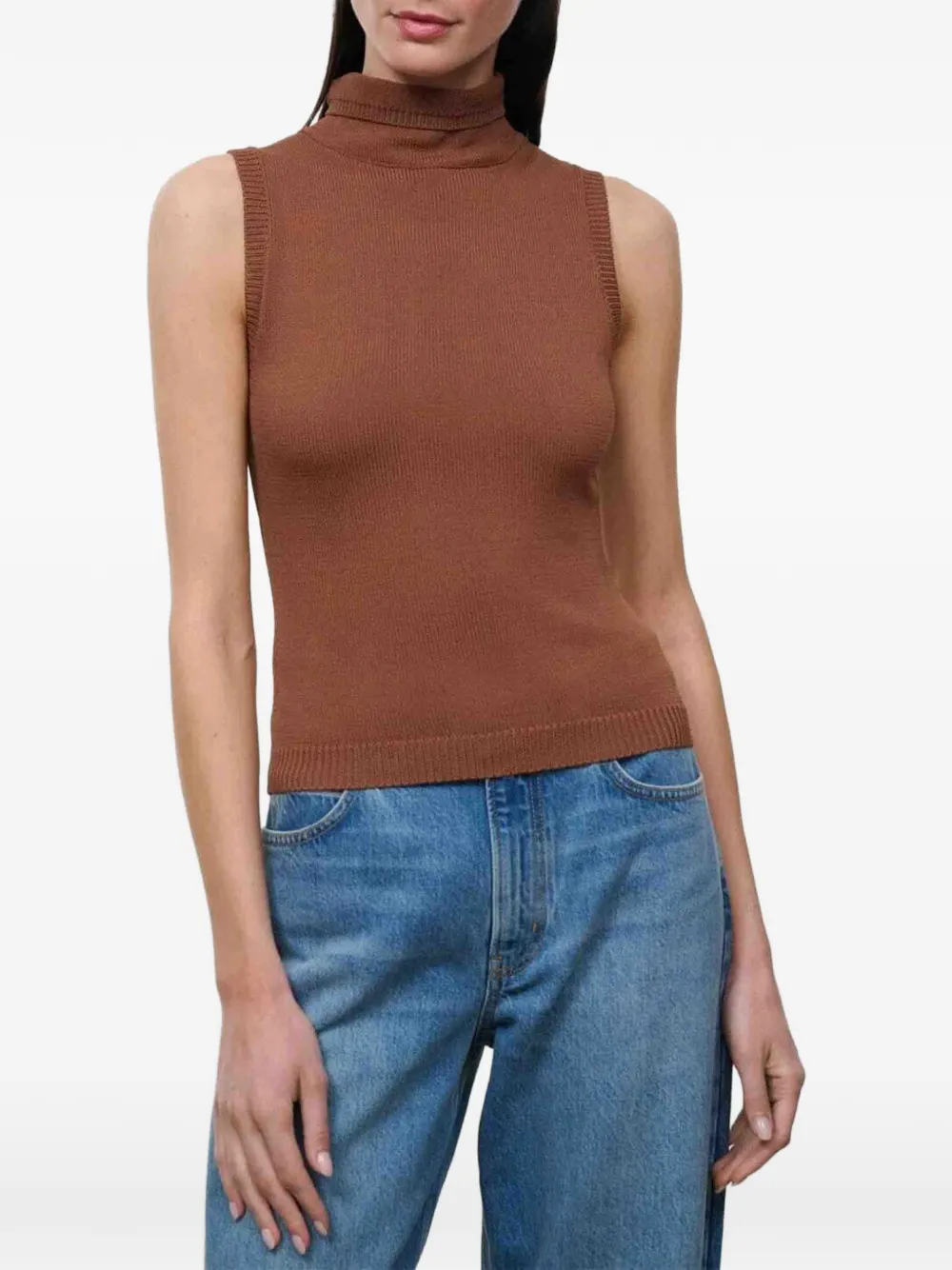 Staud Montclair Sleeveless Roll-neck Tank Top In Brown