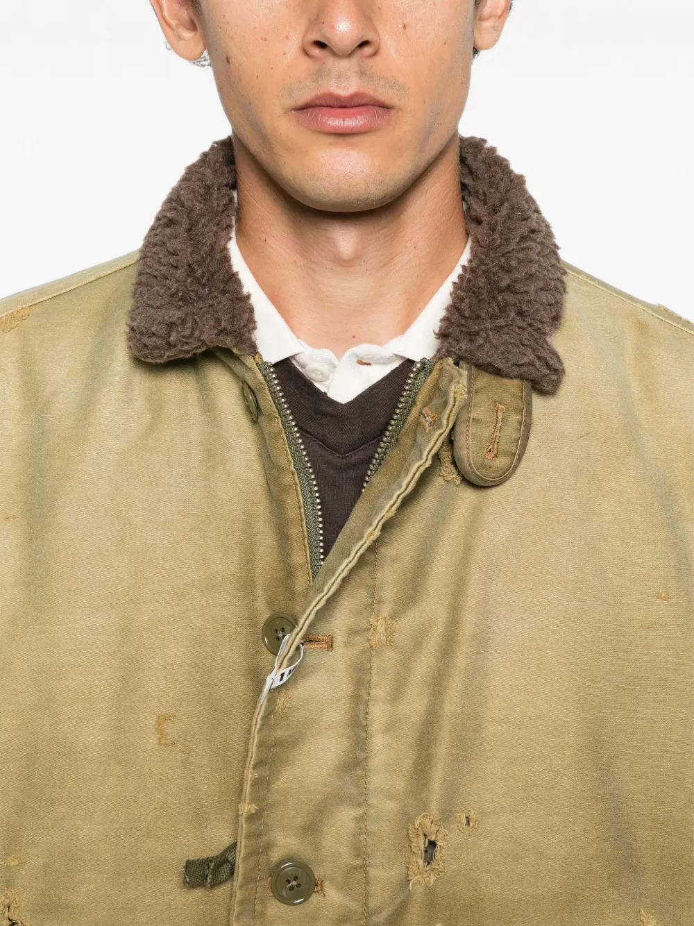 Maison MIHARA YASUHIRO distressed faux-shearling-collar jacket Groen