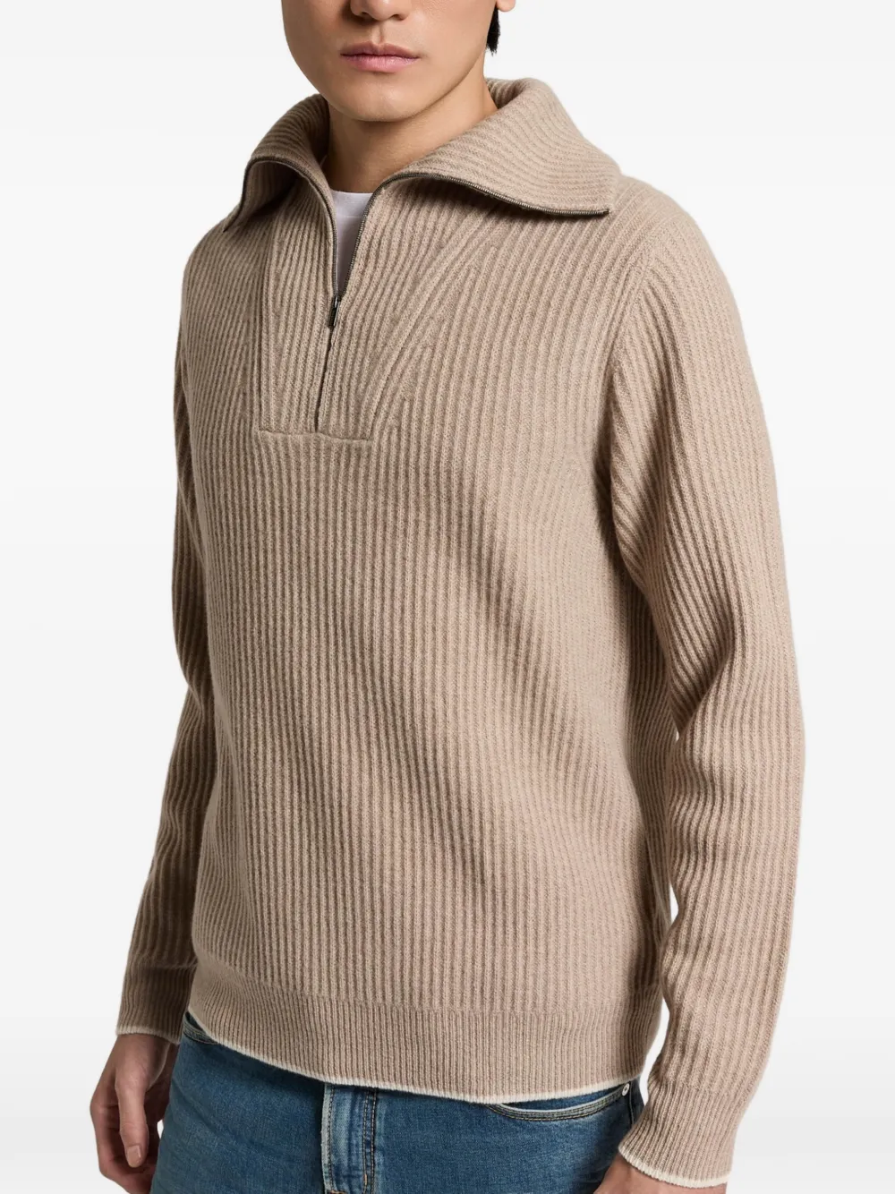 Peserico Ribgebreide trui met kwart rits Beige