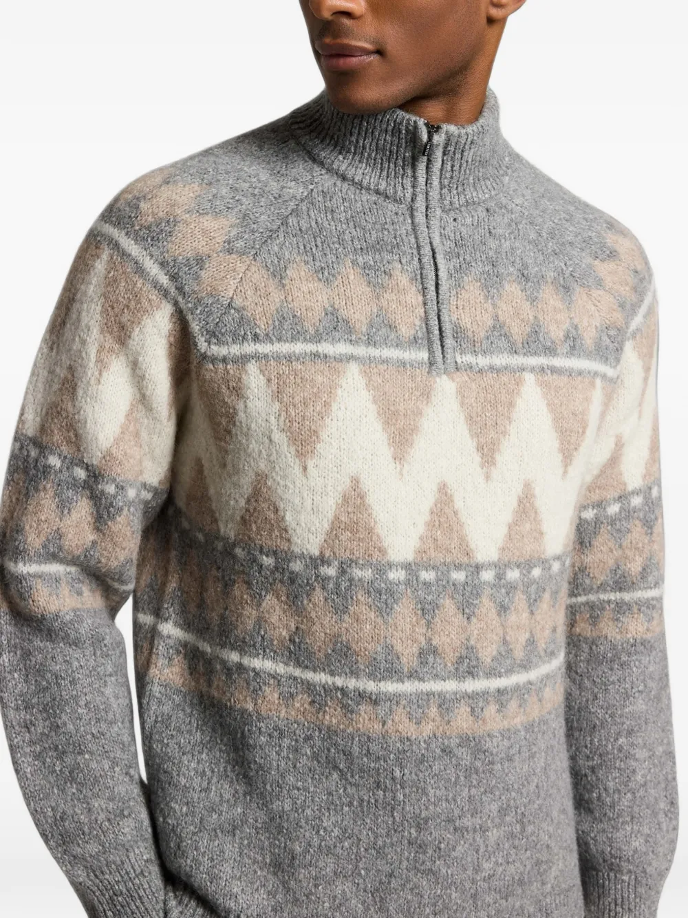 Peserico Trui met halve rits en Fair Isle-intarsia Grijs