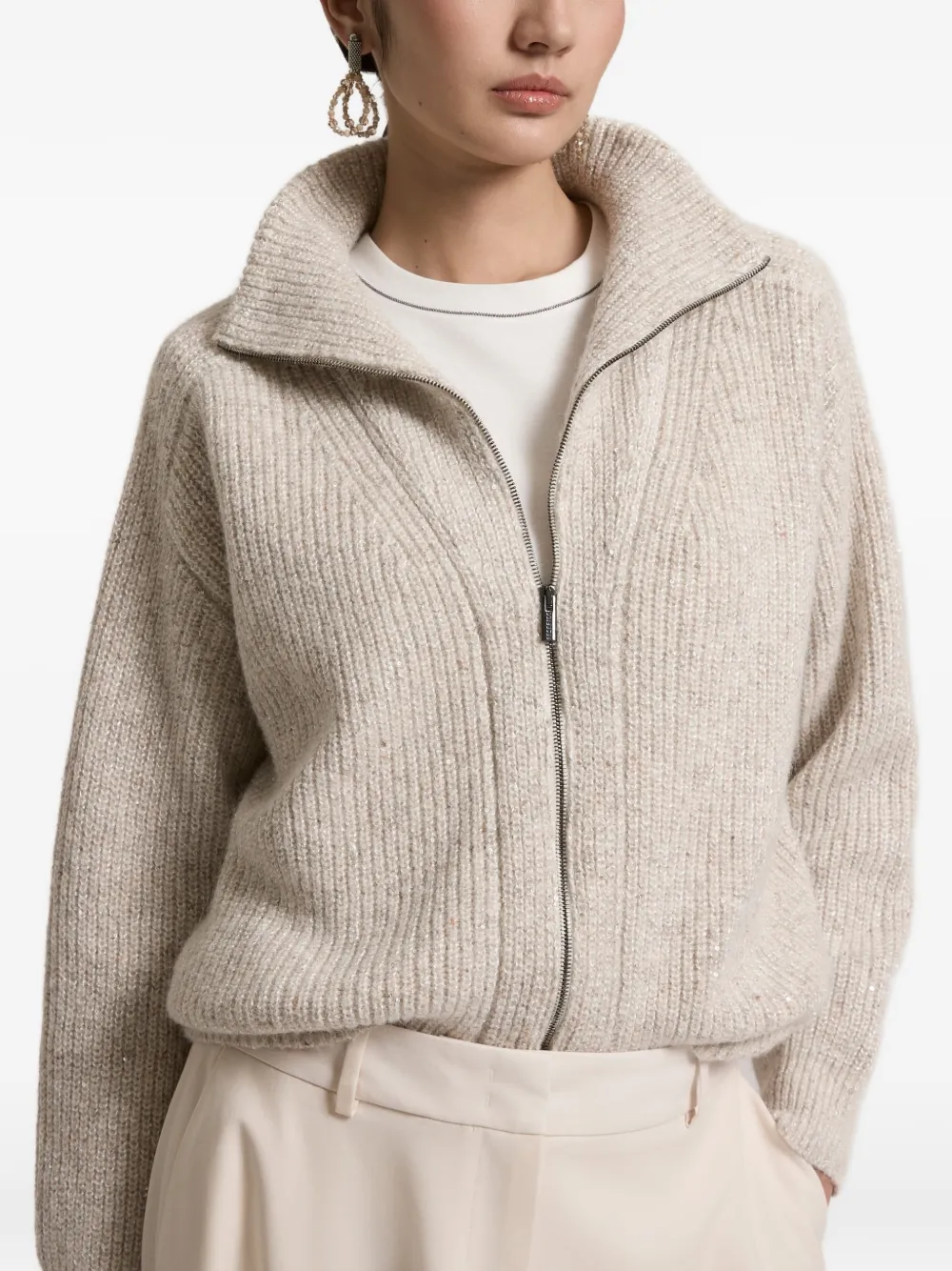 Peserico ribbed-knit zip-up cardigan Beige