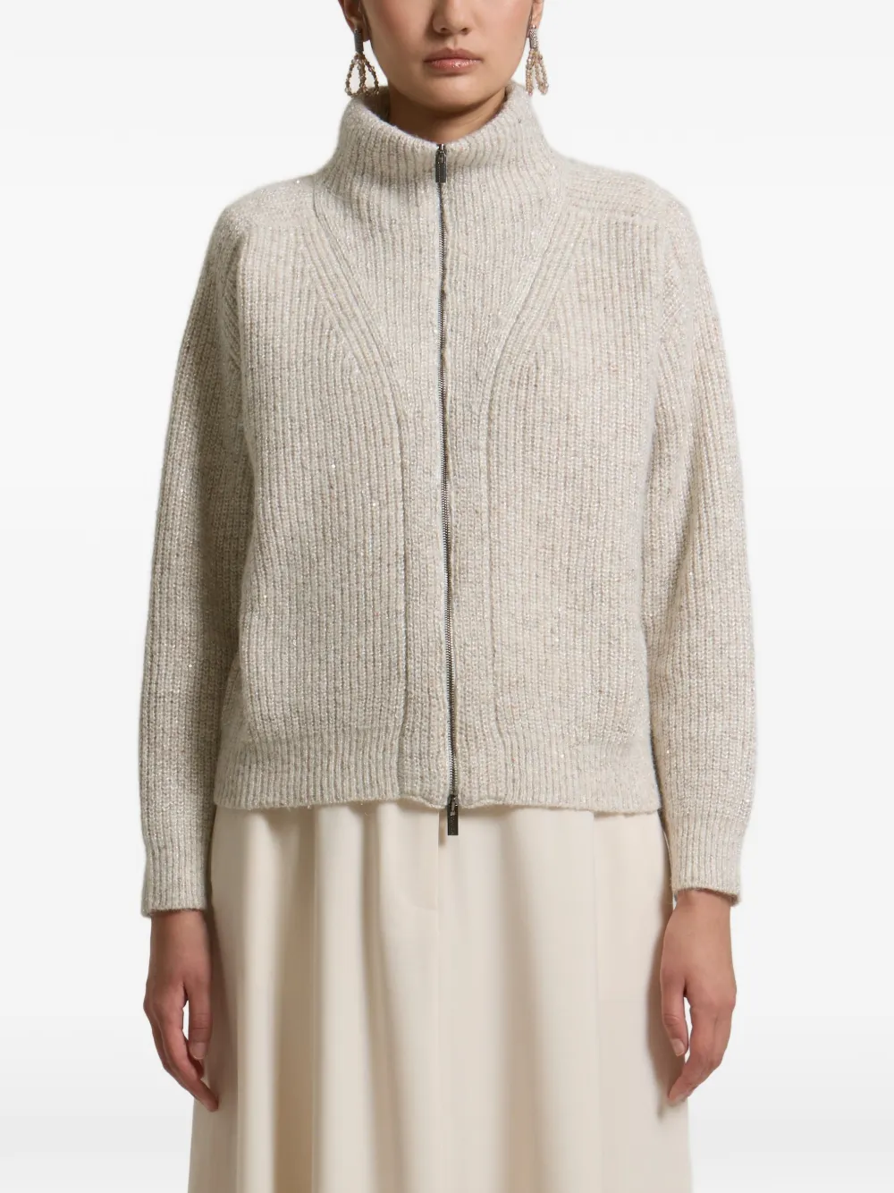 Peserico ribbed-knit zip-up cardigan Beige