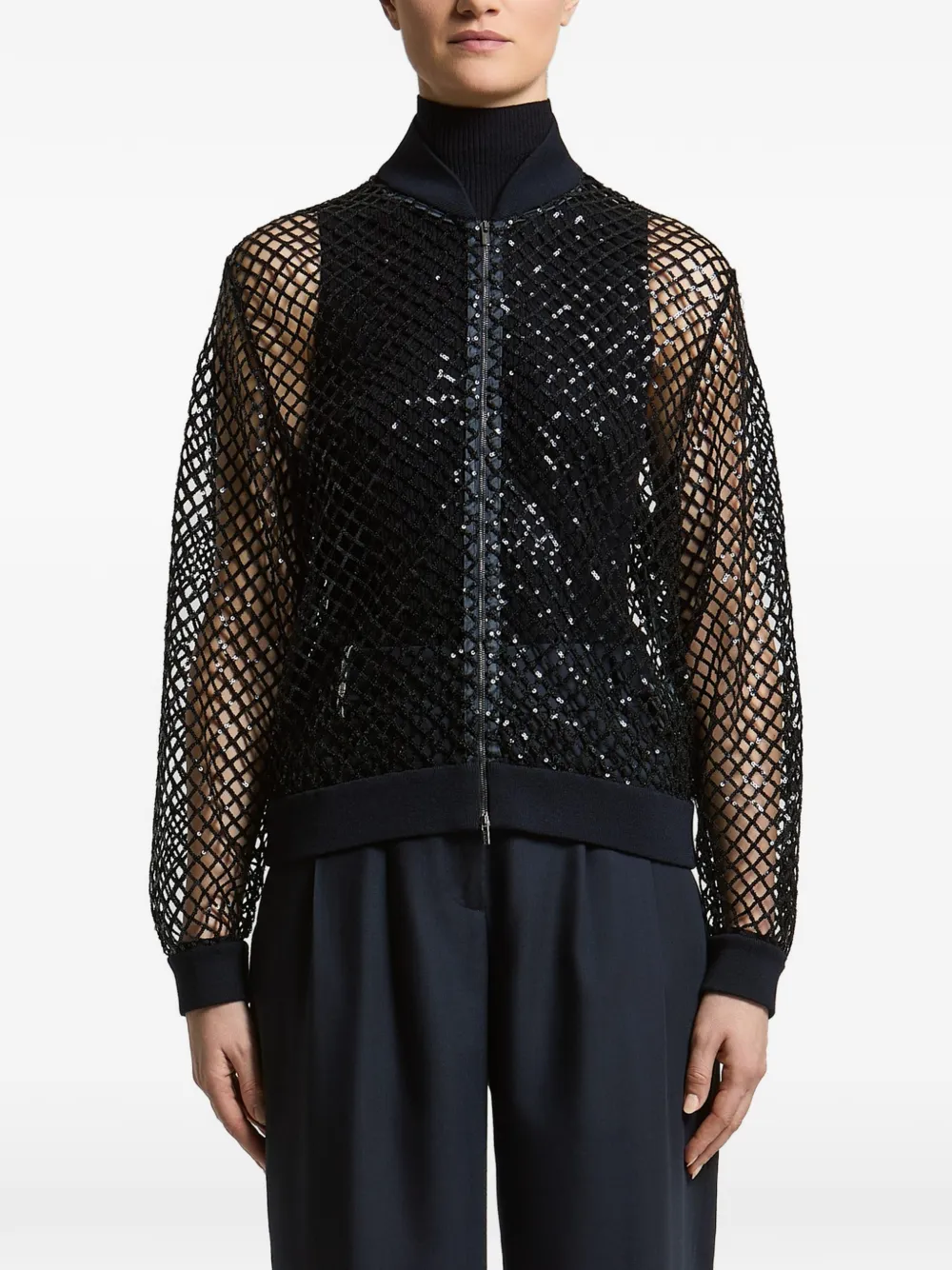 Peserico sequin-embellished fishnet bomber jacket