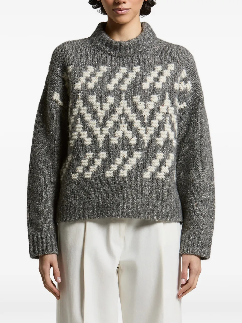 Peserico Sequin-embellished Intarsia-knit Sweater In Gray