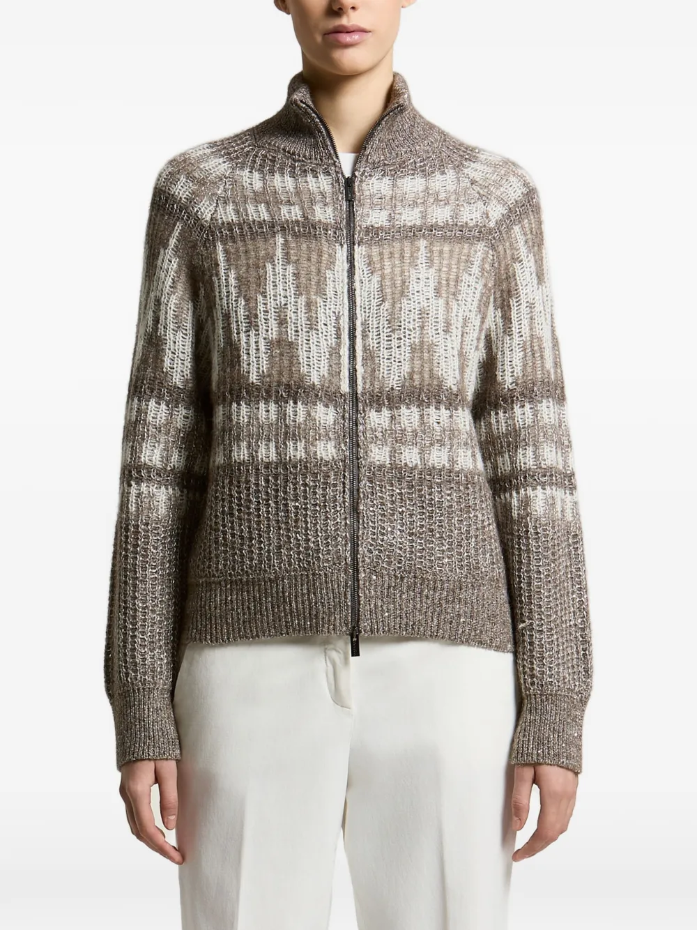 Peserico geometric-pattern zip-up cardigan - Brown