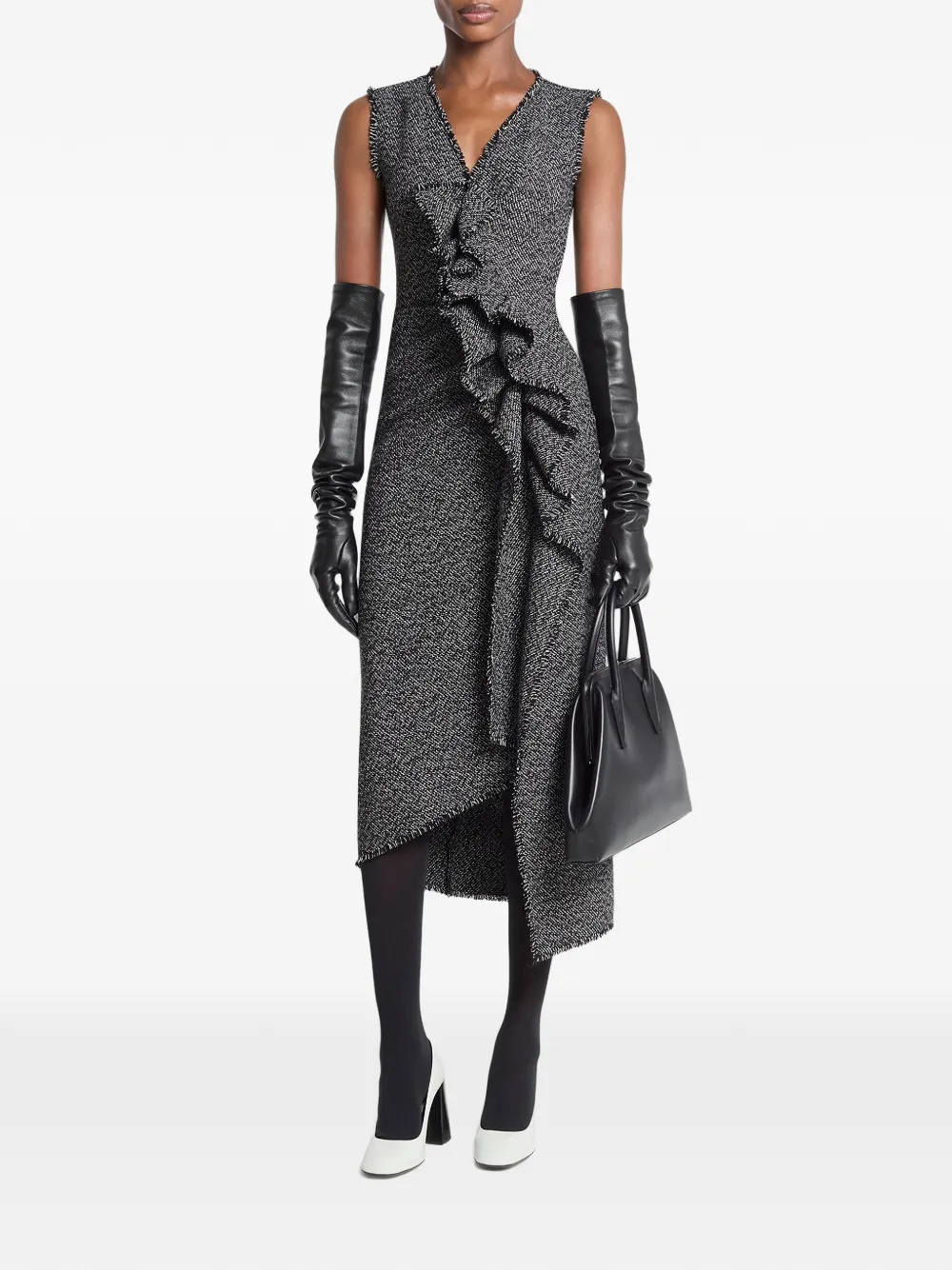 Michael Kors Collection Gerafelde tweed midi-jurk met ruches Zwart