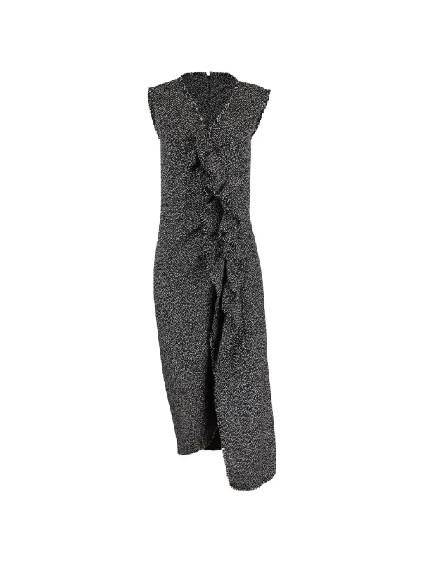 Michael Kors Collection Frayed Ruched Tweed Midi Dress in Black