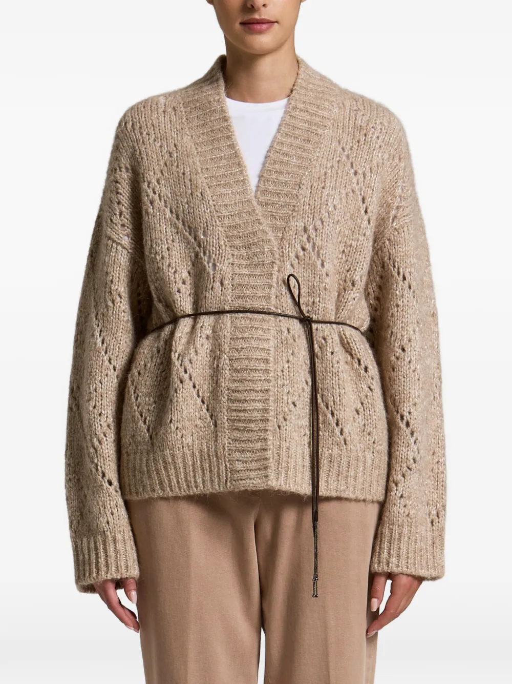 Peserico pointelle-knit belted cardigan - Neutrals