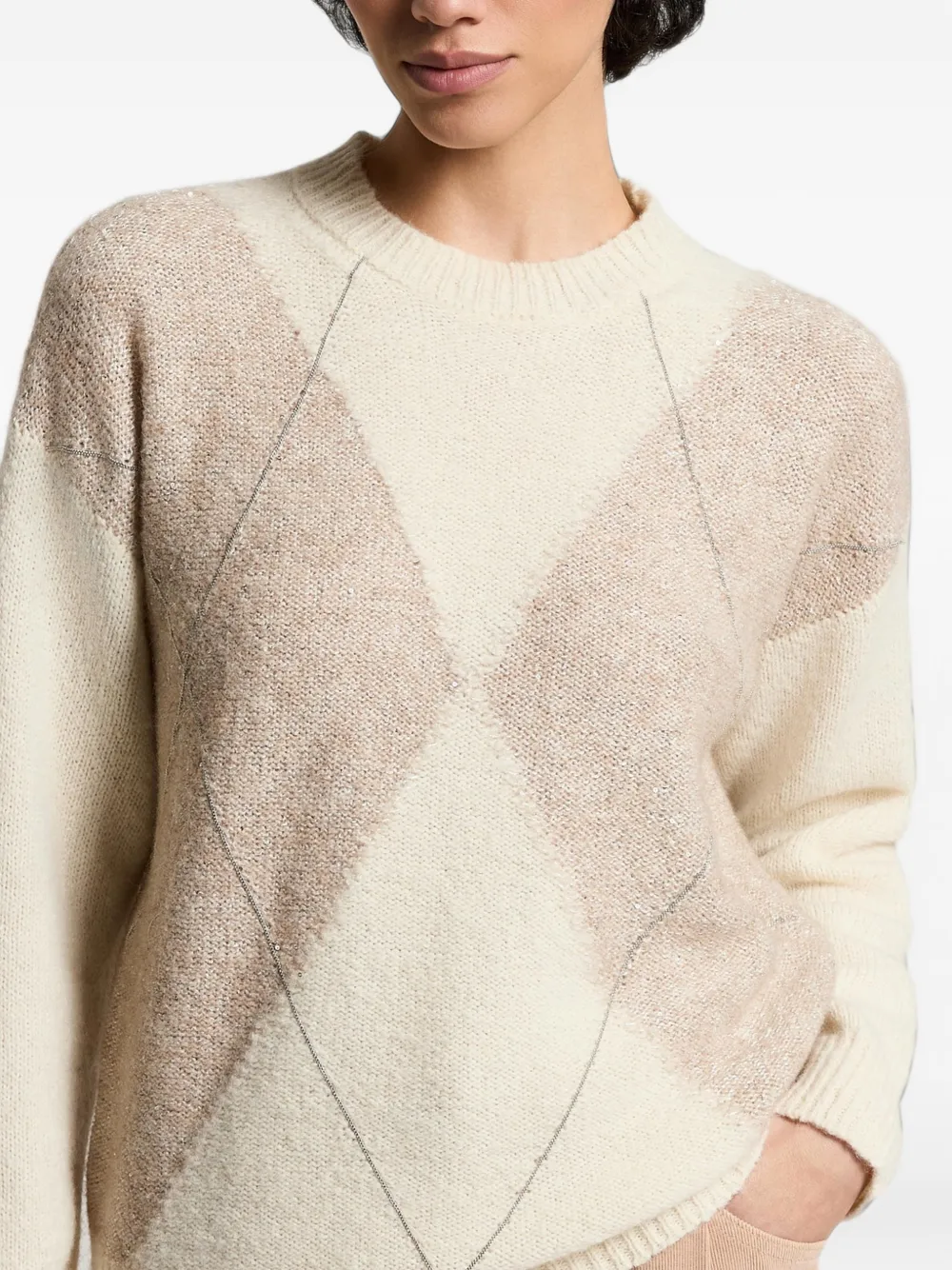Peserico Trui verfraaid met pailletten en argyle patroon Beige