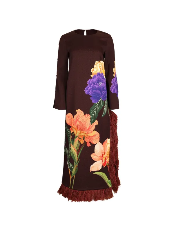 Borgo de Nor Brunetta Feather-trimmed Floral-print Maxi Dress in Brown
