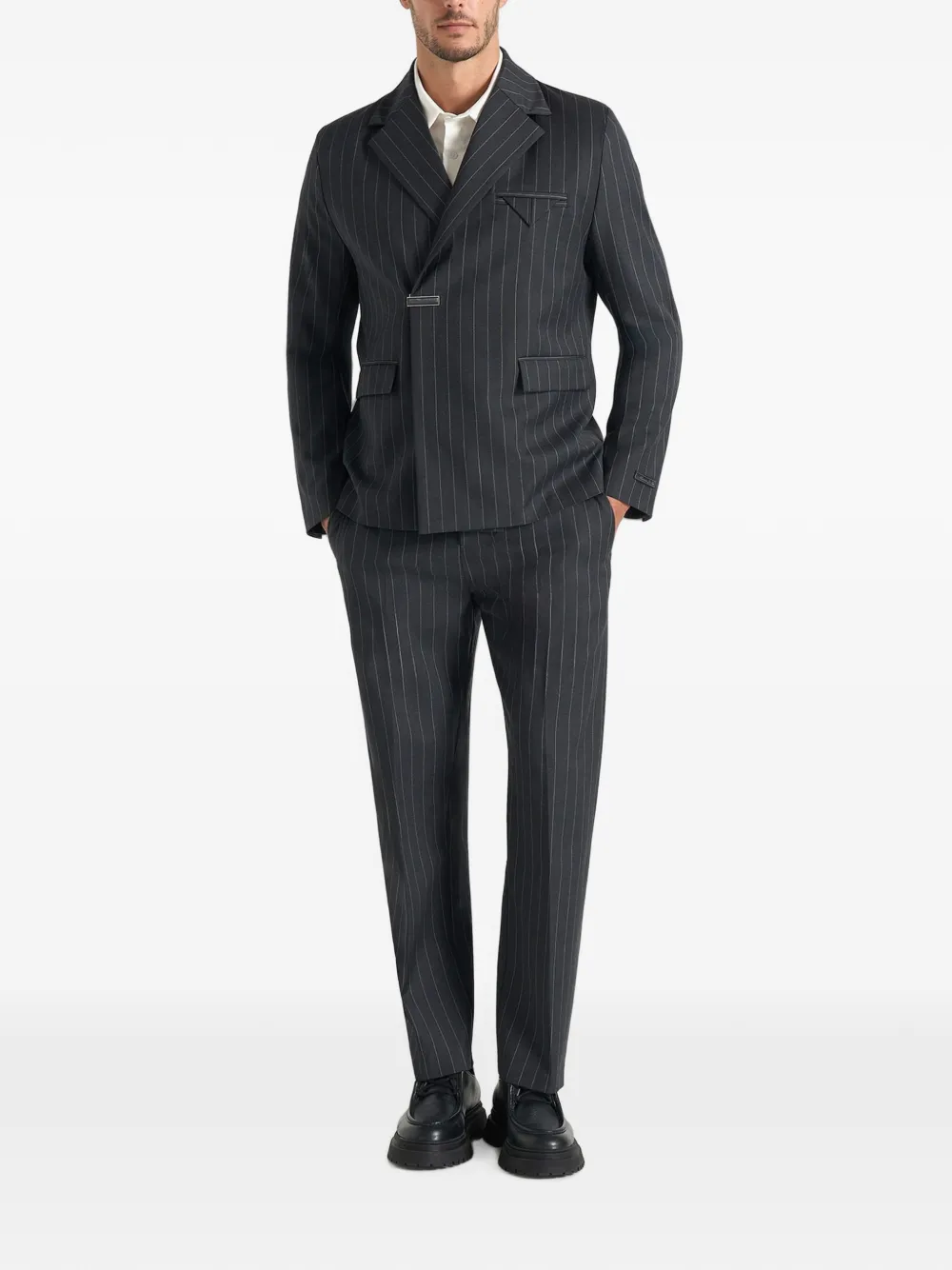 Manière De Voir Gaston in dark grey double-breasted pinstripe wool-blend suit blazer