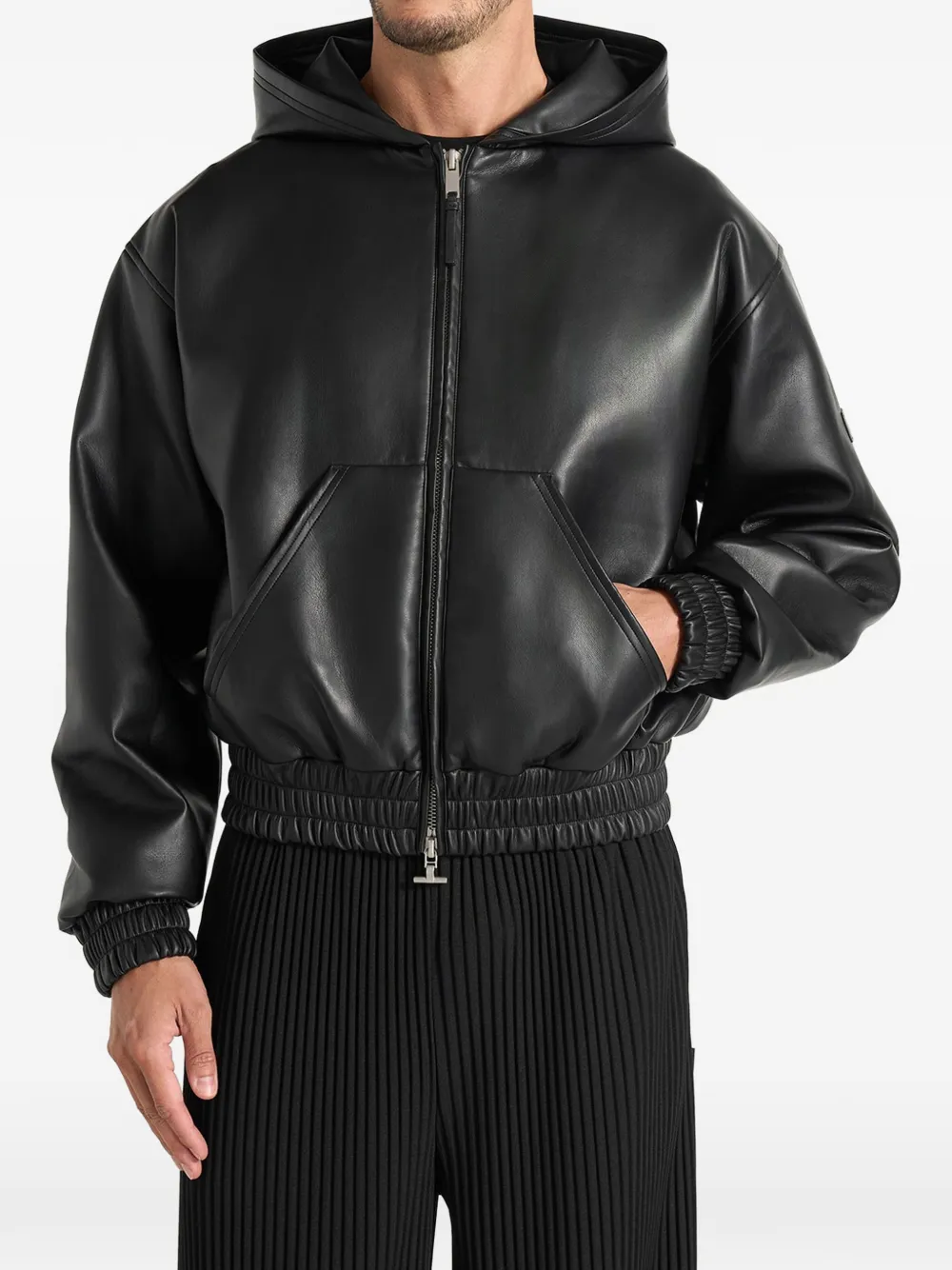 Manière De Voir Jude in black leather zip-through hooded jacket