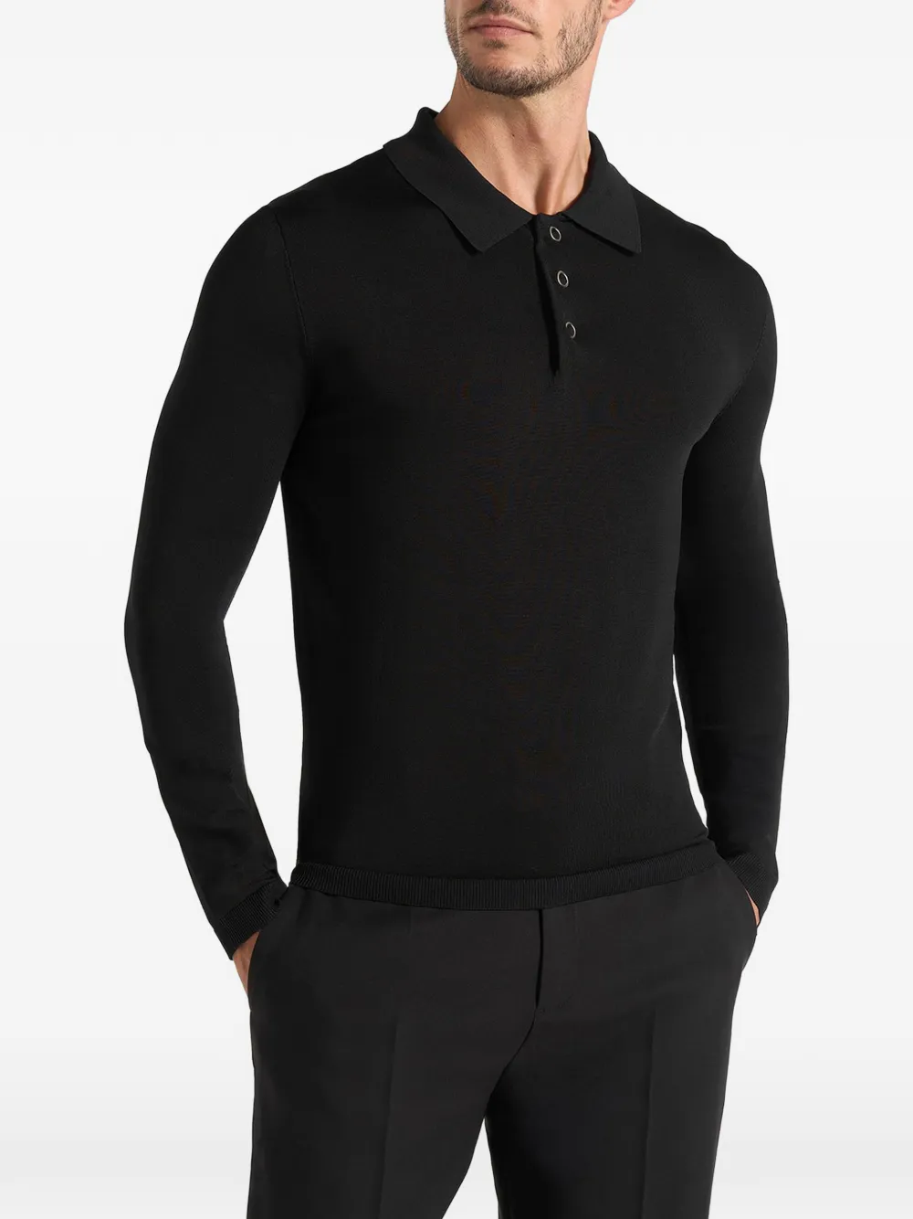 Manière De Voir PL002 in black luxe knitted long sleeve polo top