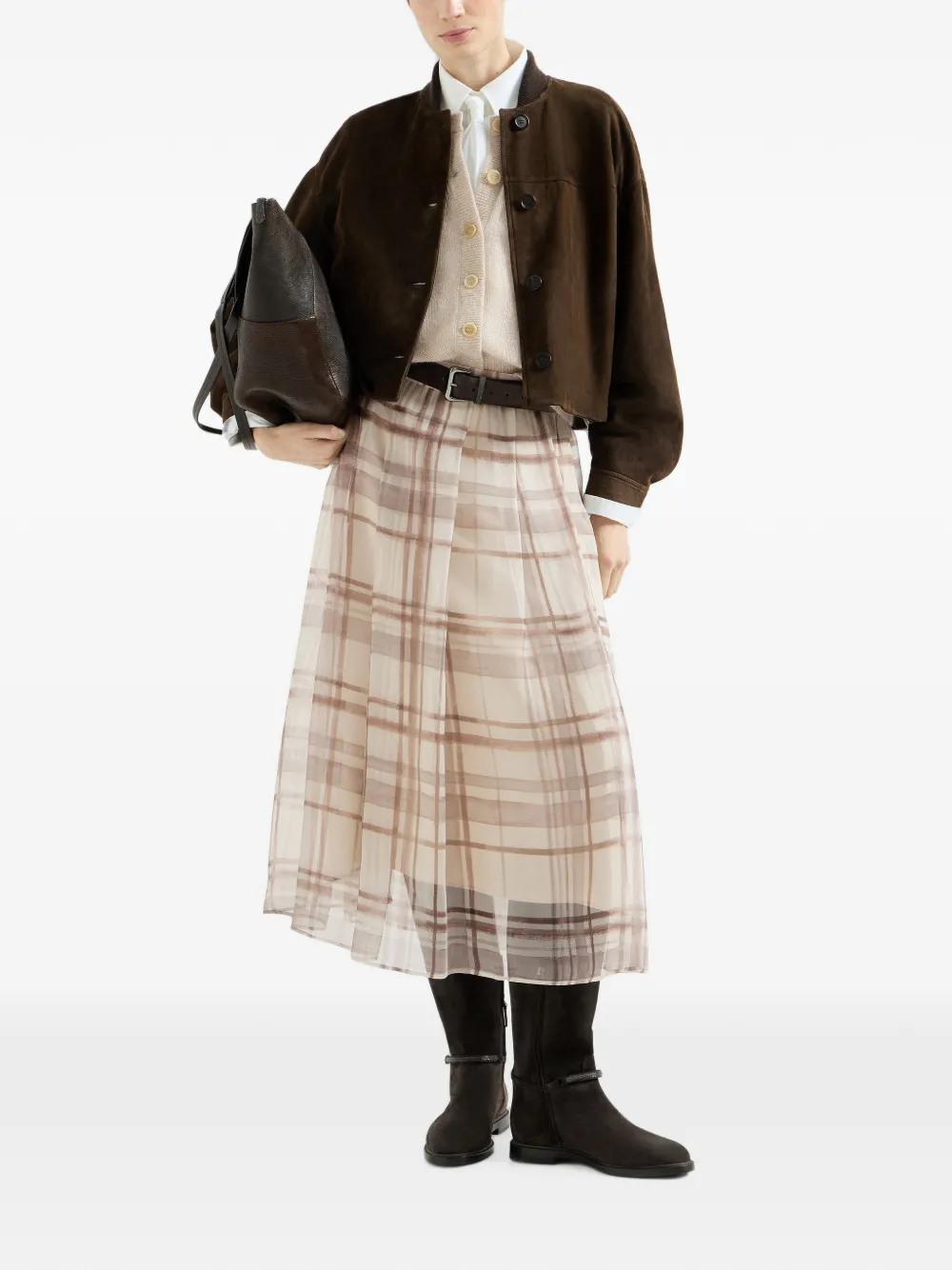 Brunello Cucinelli Midi-plooirok met macro-ruit Beige