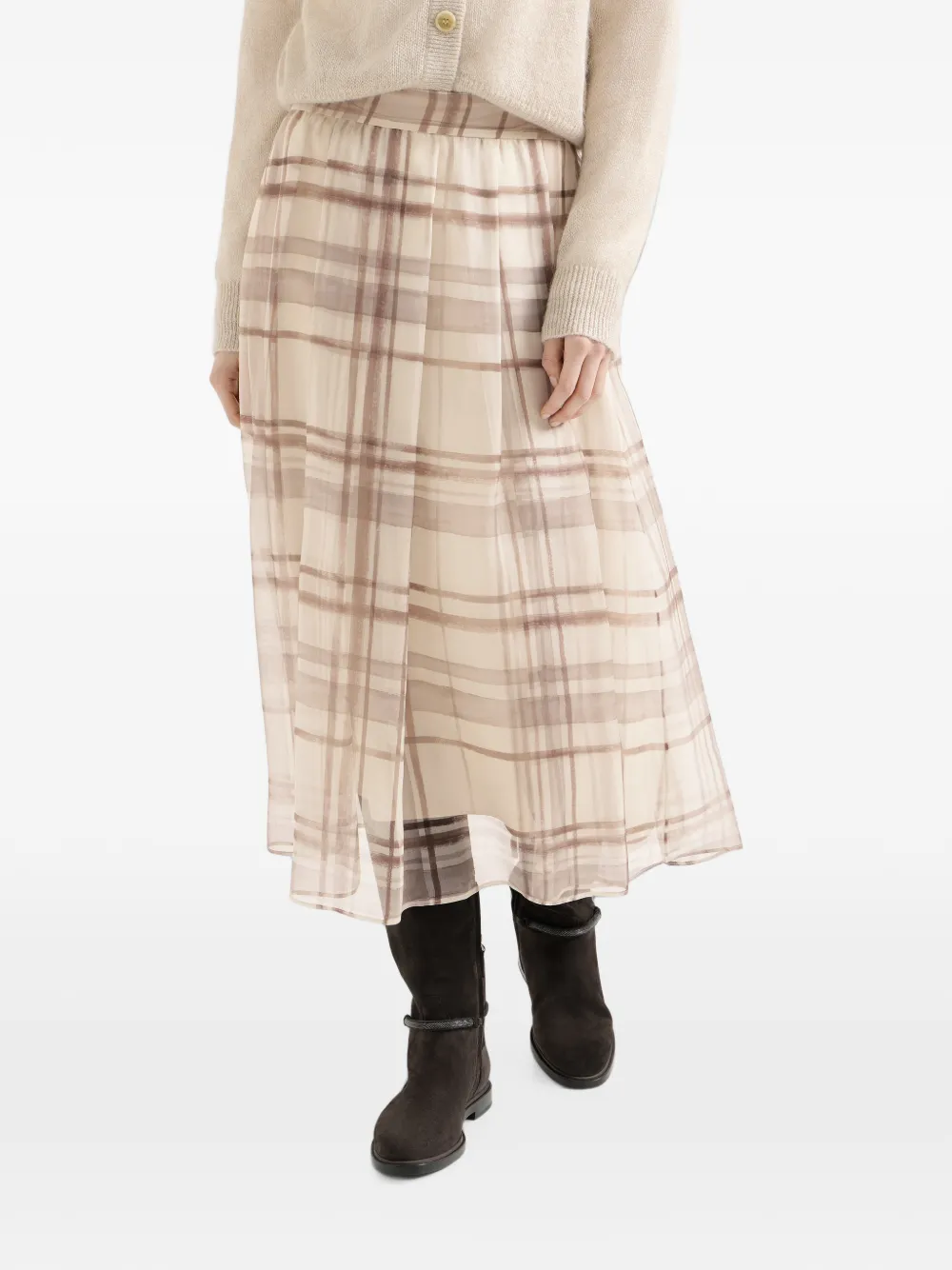 Brunello Cucinelli Midi-plooirok met macro-ruit Beige