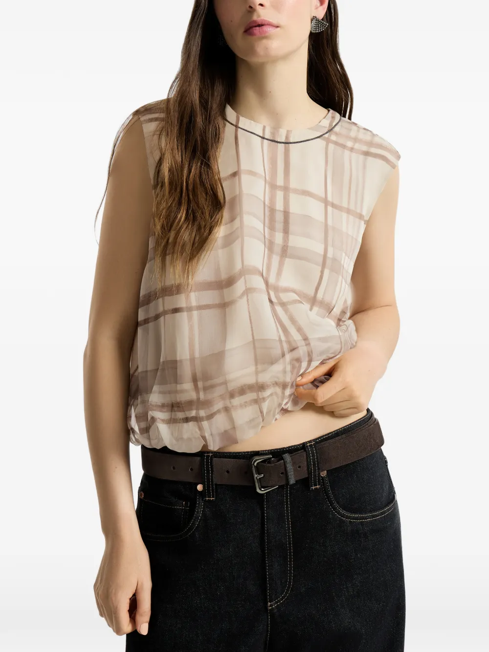 Brunello Cucinelli Organza blouse met Macrocheck-print Beige