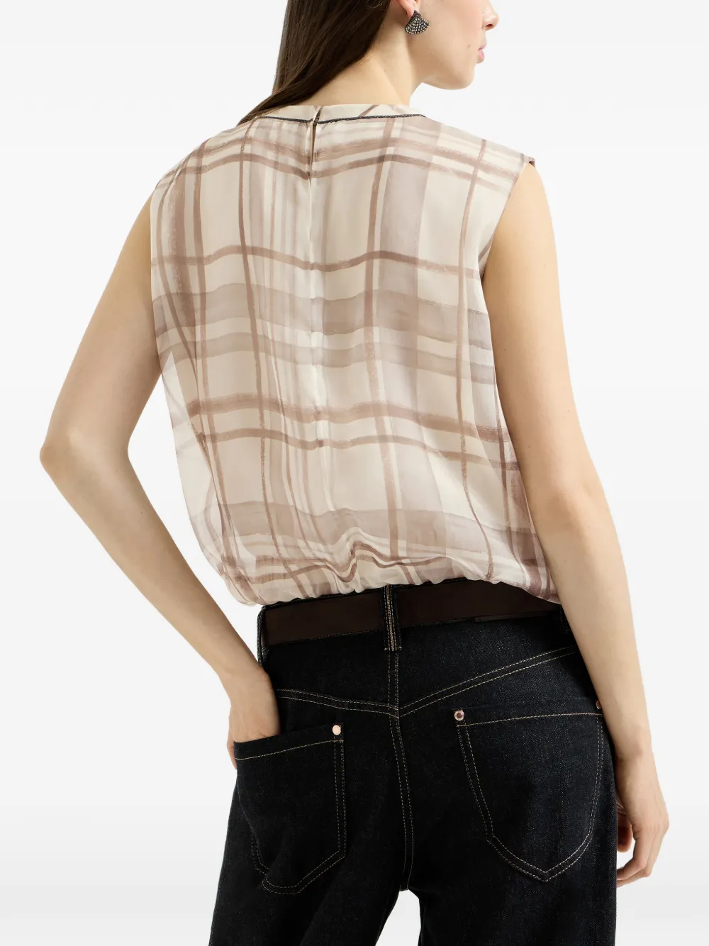 Brunello Cucinelli Organza blouse met Macrocheck-print Beige