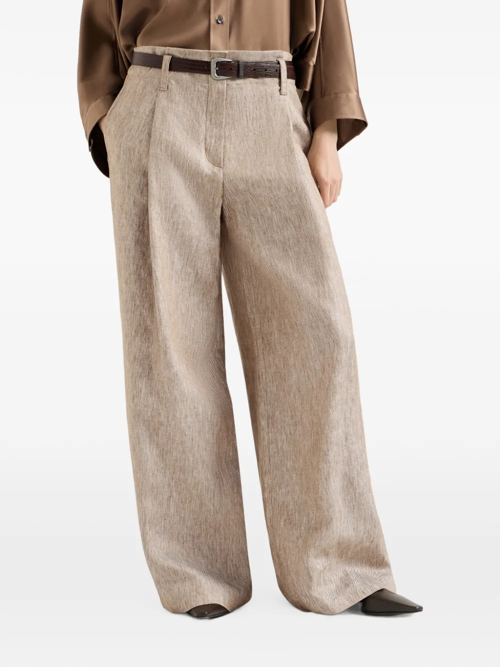 Brunello Cucinelli Linnen denim plooibroek met A-lijn en Monili Beige