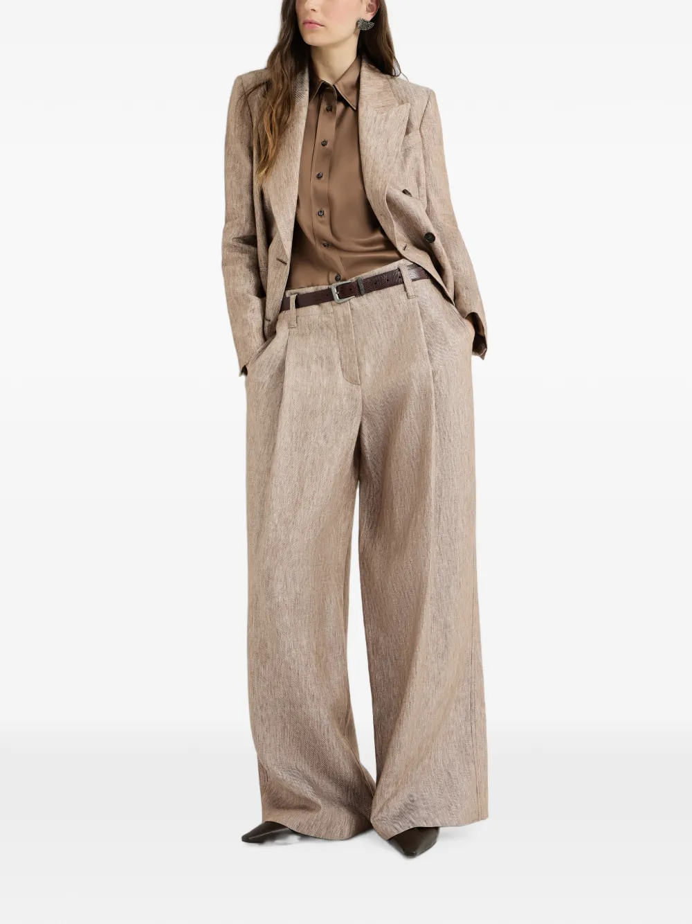 Brunello Cucinelli Linnen denim plooibroek met A-lijn en Monili Beige