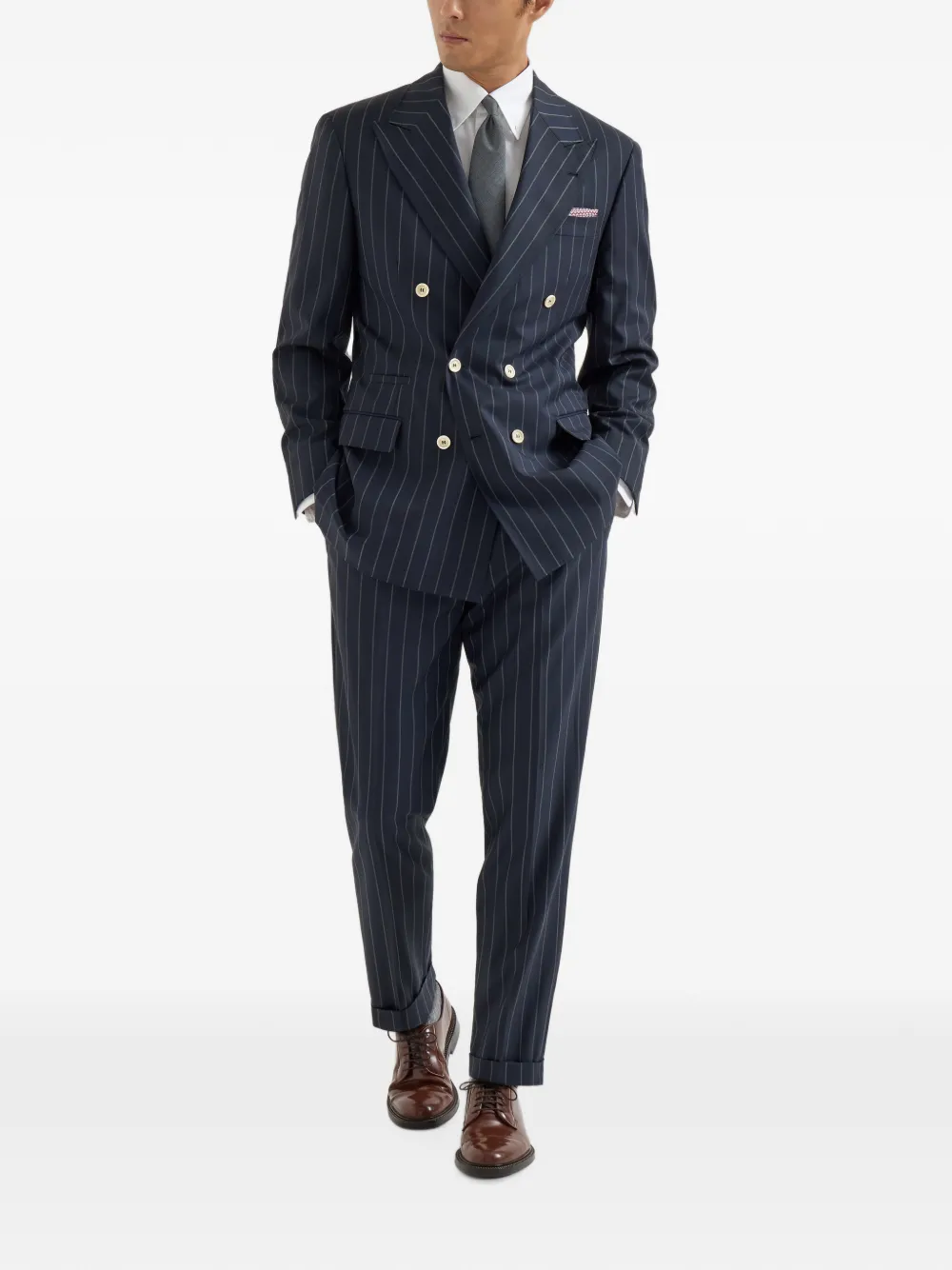 Brunello Cucinelli Blazer met dubbele rij knopen en krijtstreep Blauw