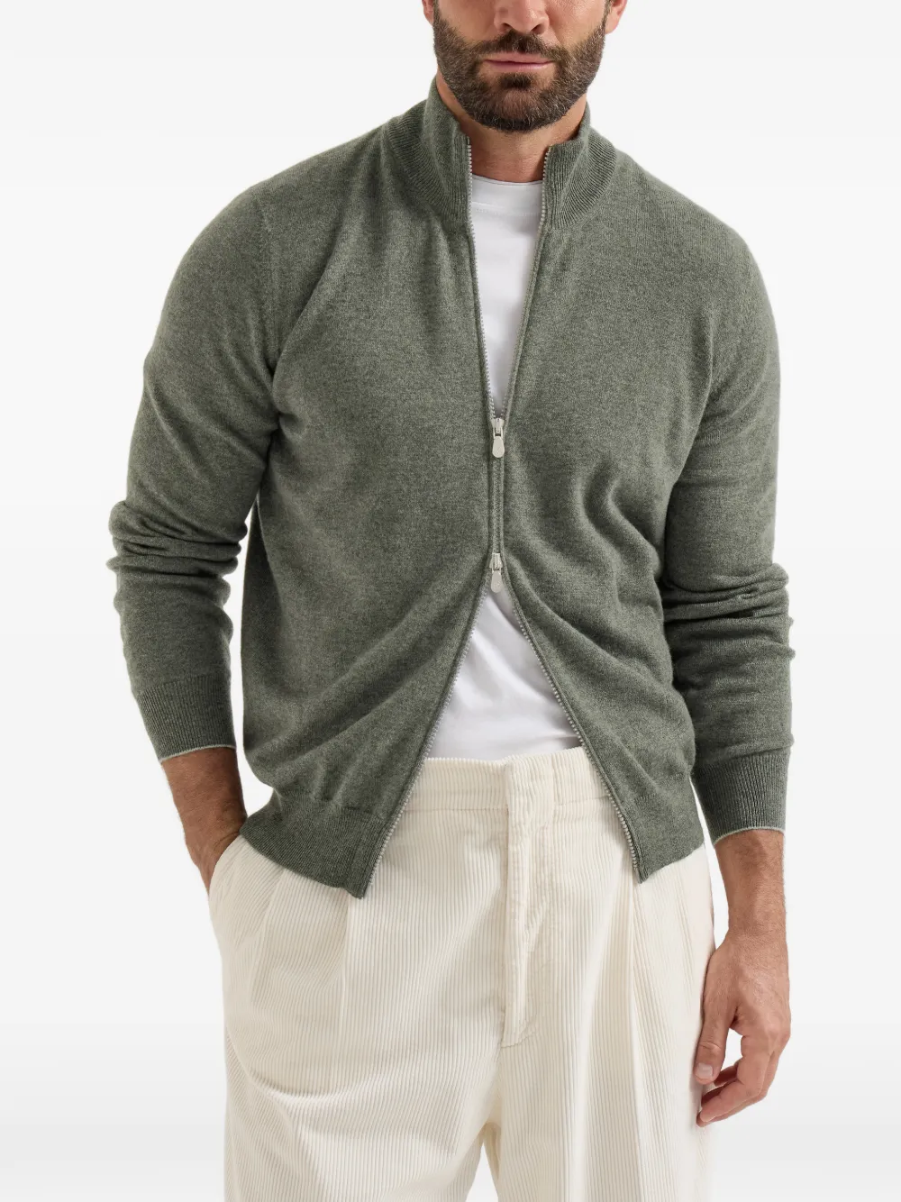 Brunello Cucinelli cashmere high-neck cardigan with zipper Groen