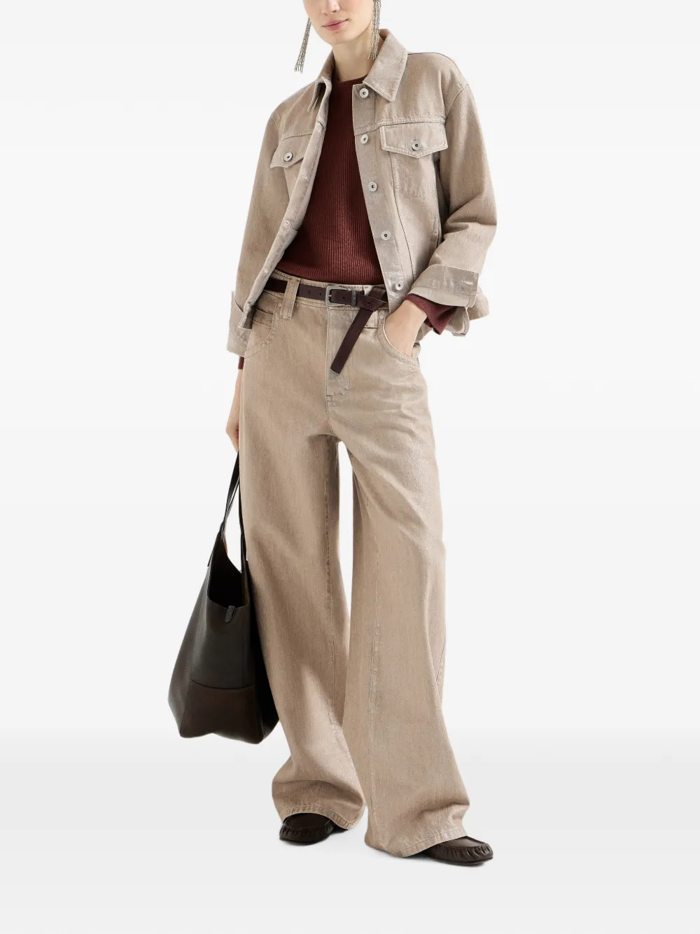 Brunello Cucinelli Lamé denim jack met vier zakken en Monili Beige