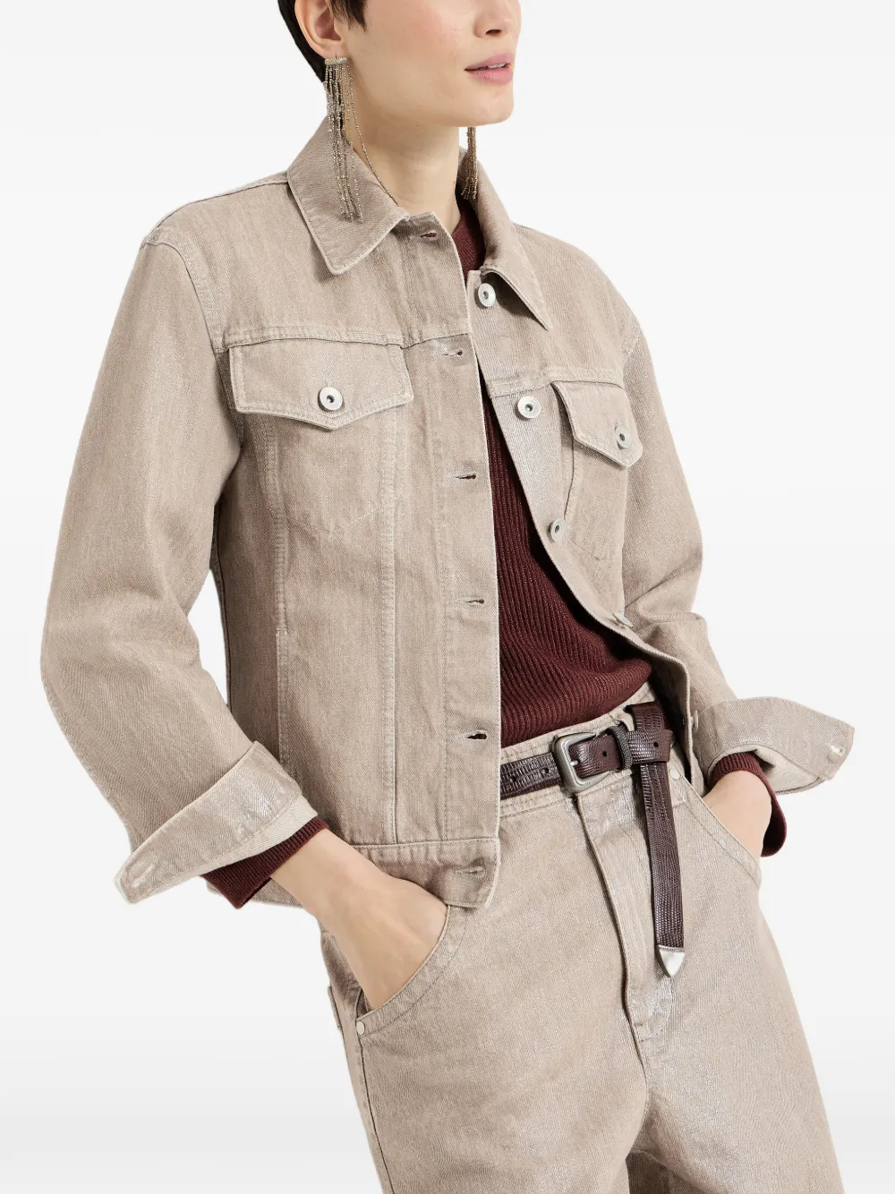 Brunello Cucinelli Lamé denim jack met vier zakken en Monili Beige