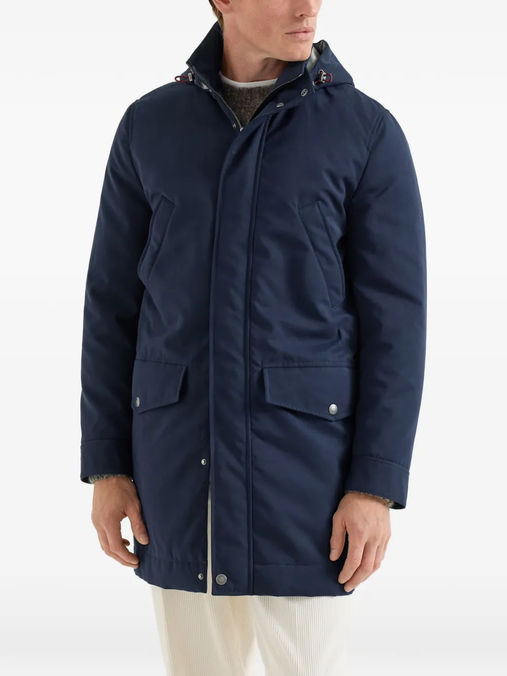 Brunello Cucinelli Waterbestendige microvezel parka met Thermore vulling en afneembare capuchon Blauw