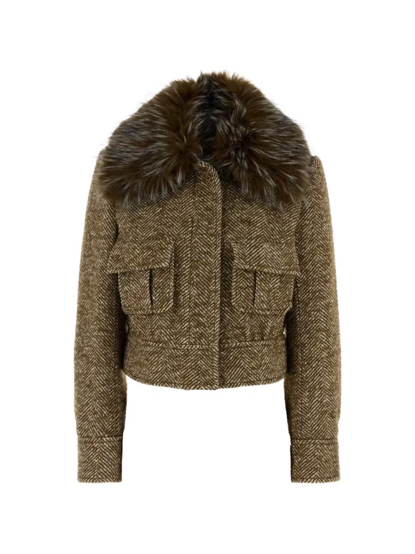 Zimmermann Valiant Herringbone Faux-fur Collar Tweed Jacket in Brown