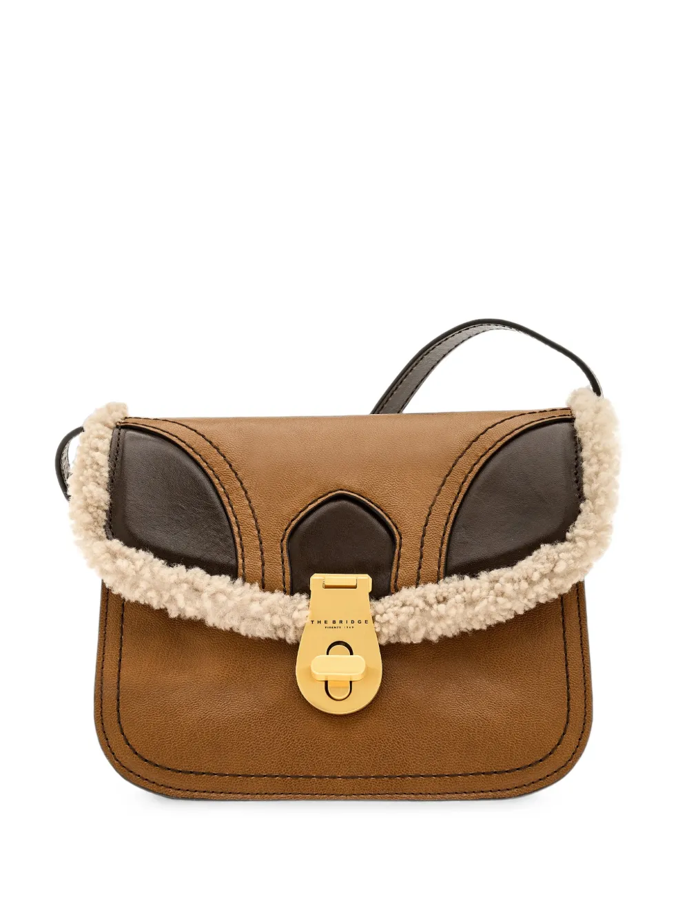 The Bridge shearling-trim leather cross body bag - Marrone